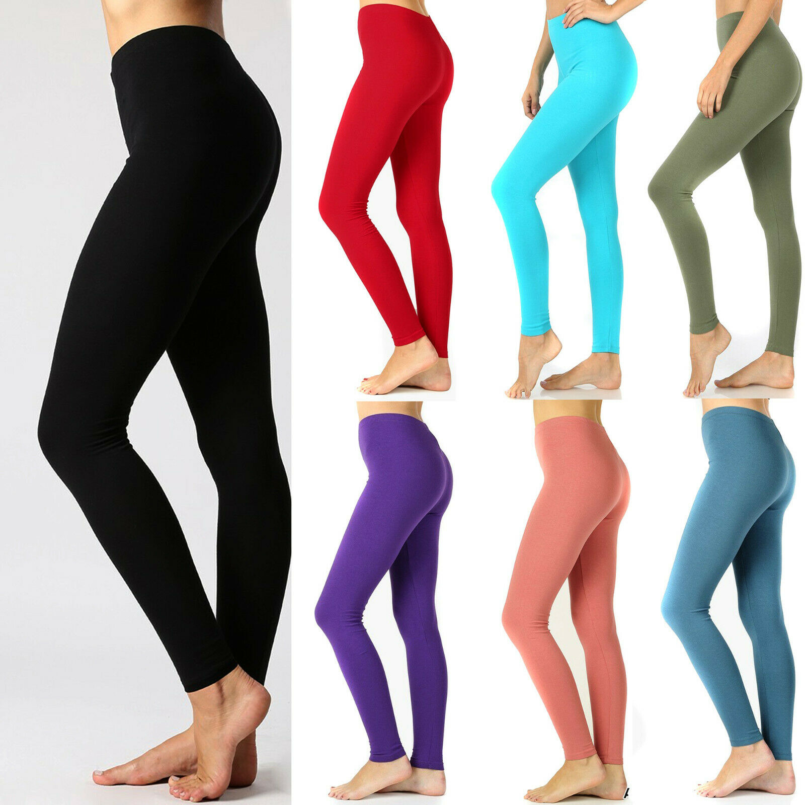 Womens Soft Stretch Cotton High Waisted Leggings Long Workout Yoga Pant ...