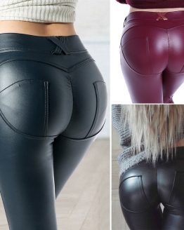 Women Sexy PU Leather Yoga Pants Hip Push Up Workout Stretch Leggings Trousers