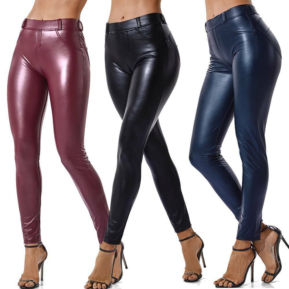 Women Sexy Pu Leather Yoga Pants Hip Push Up Workout Stretch Leggings Trousers