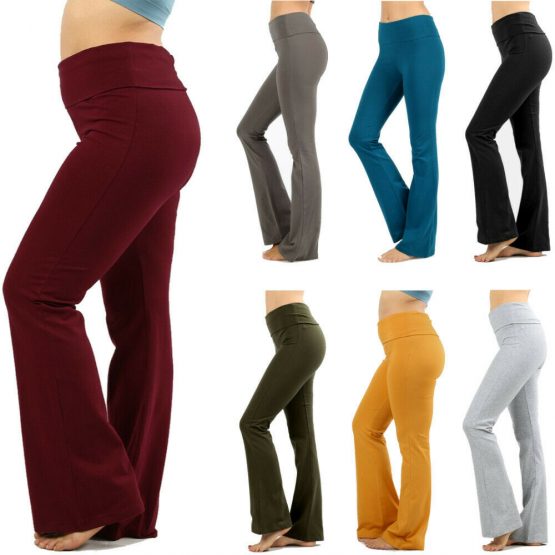 Womens Plus Size Yoga Pants Flare Leg Fold Over Waist Bootcut Gym ...